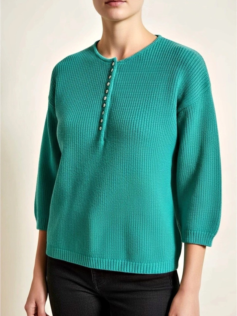 Diane von Furstenberg Green Knit Henley Sweater Size Medium